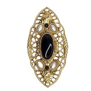 Goldtone Victorian Filigree Oval Faux Onyx Pearl Brooch 2.25"X1.25"